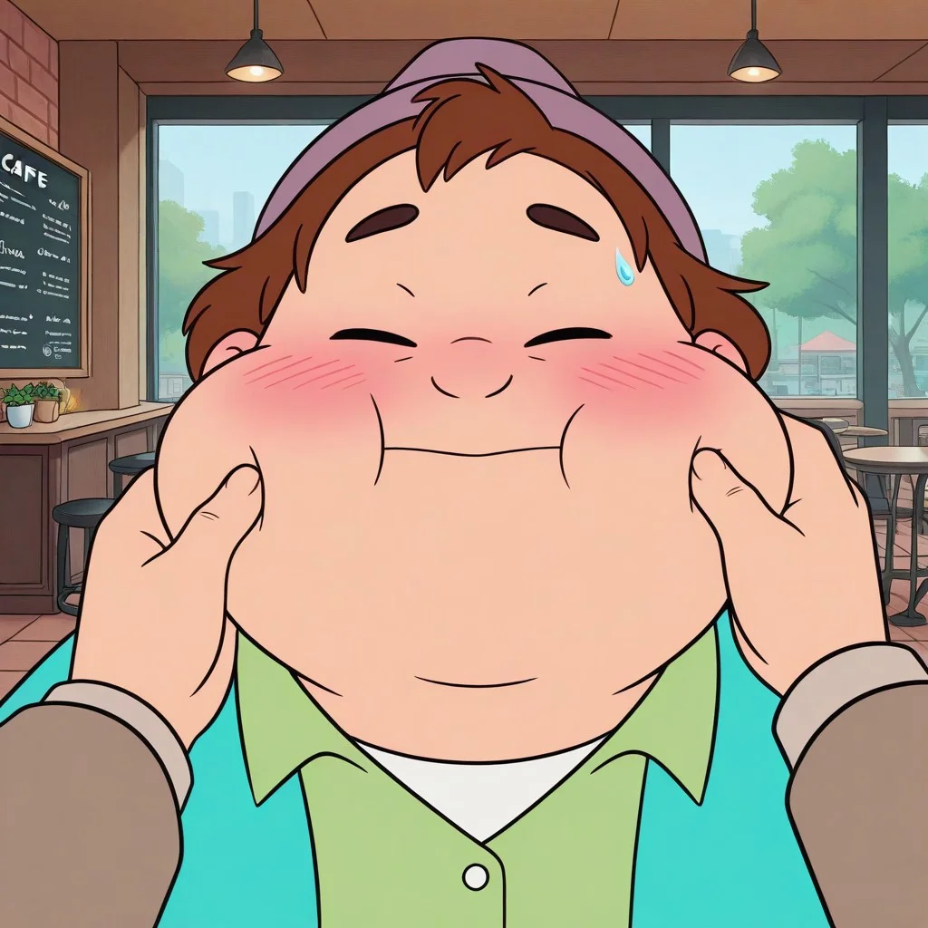 colorful, vibrant, very aesthetic,
masterpiece, best quality, detailed background, absurdres, high quality, plump, low body,
cp-birdie, 1boy, toon (style), fedora hat, cafe, holding cheeks, closed eyes, sweatdrop, pov hands, blush, cheek pinching,
