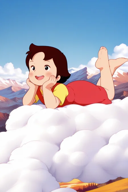 masterpiece, best quality, amazing quality, absurdres, alpsheidi, brown hair, solo, smile, lying, head rest, on stomach, on cloud, lying on cloud, yellow shirt, red dress, barefoot, outdoors, mountains, blue sky, retro artstyle