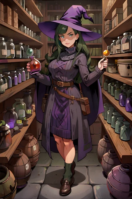woman wearing belted patterned dress, oxford shoes, chunky knit socks, witch's workshop, shelves stocked with potions and jars of magical ingredients, bubbling cauldron, flickering candles, Eggplant Purple, Charcoal, Olive Green || masterpiece, perfect quality, sharp focus, shallow depth of field, 8k