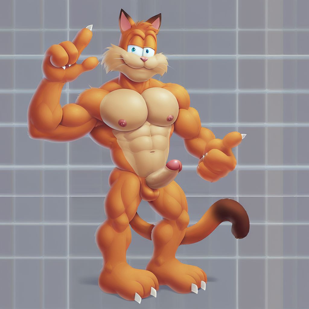 Bubsy, nude, bara, erection, cat penis, muscular, bob cat
