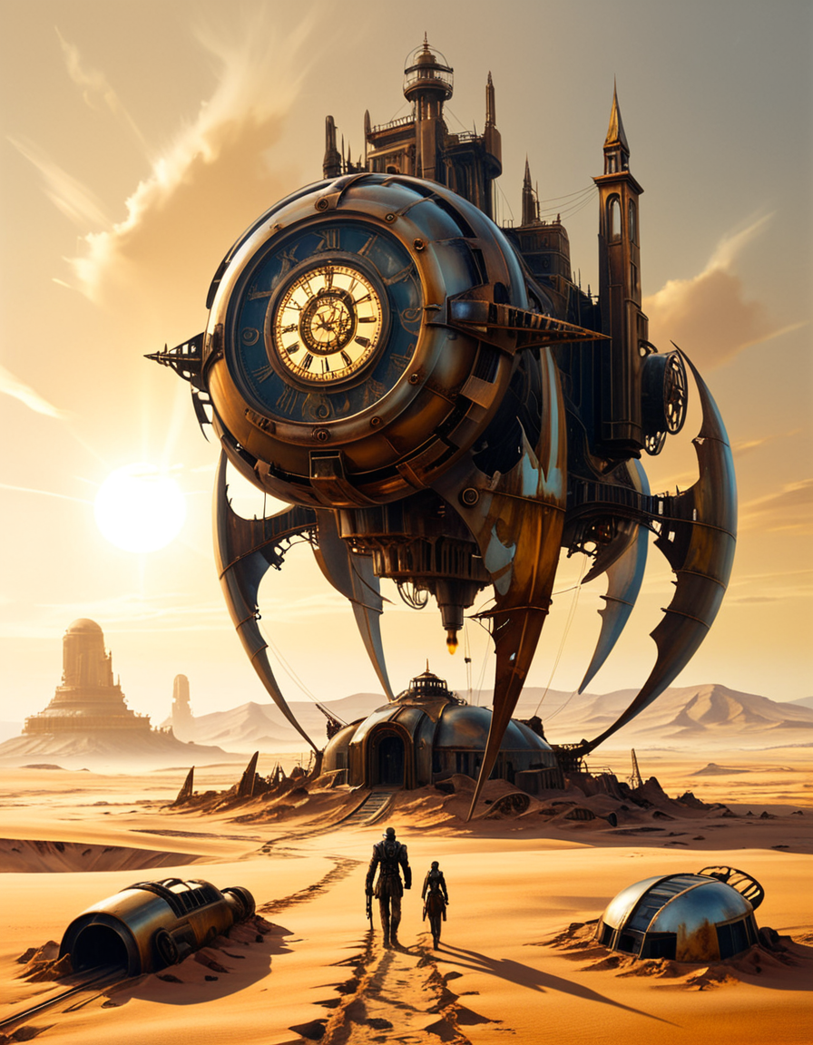A surreal, post-apocalyptic painting in the style of JarosÅaw Jasnikowski, depicting the remnants of humanity fully transformed into biomechanical cyborgs wandering across an endless desert. The figures are tall and thin, with elongated limbs made of polished brass, steel cables, and exposed clockwork mechanisms. Their faces are partially human, partially machineâsome with glowing eyes, others with metal masks or glass domes revealing complex gears within. Each cyborg carries strange mechanical devices or wears baroque, steampunk-inspired armor. The desert landscape is vast and cracked, with rusted machine parts half-buried in the sand and fragments of broken technology scattered across the ground. In the distance, colossal, decaying machines lie abandonedâhalf-sunken cities, metallic towers bent by time, and airships grounded and torn apart. The sky is hazy and ochre-colored, with two suns casting long, warped shadows. The atmosphere is haunting and symbolic, evoking themes of lost humanity, time, and industrial decay. Rich textures, dark golden tones, and impossible architecture complete the surreal and philosophical ambiance typical of Jasnikowskiâs work.<lora:SDXLFaeTastic2400:0.4> <lora:extremely_detailed:0.4> extremely detailed, <lora:JarosÅaw_J4sn1k0wsk1_r1:1>,JarosÅaw J4sn1k0wsk1, Masterpiece,best quality,hi res,8k,hi res,8k,award winning,(sharp focus, intricate, highly detailed),