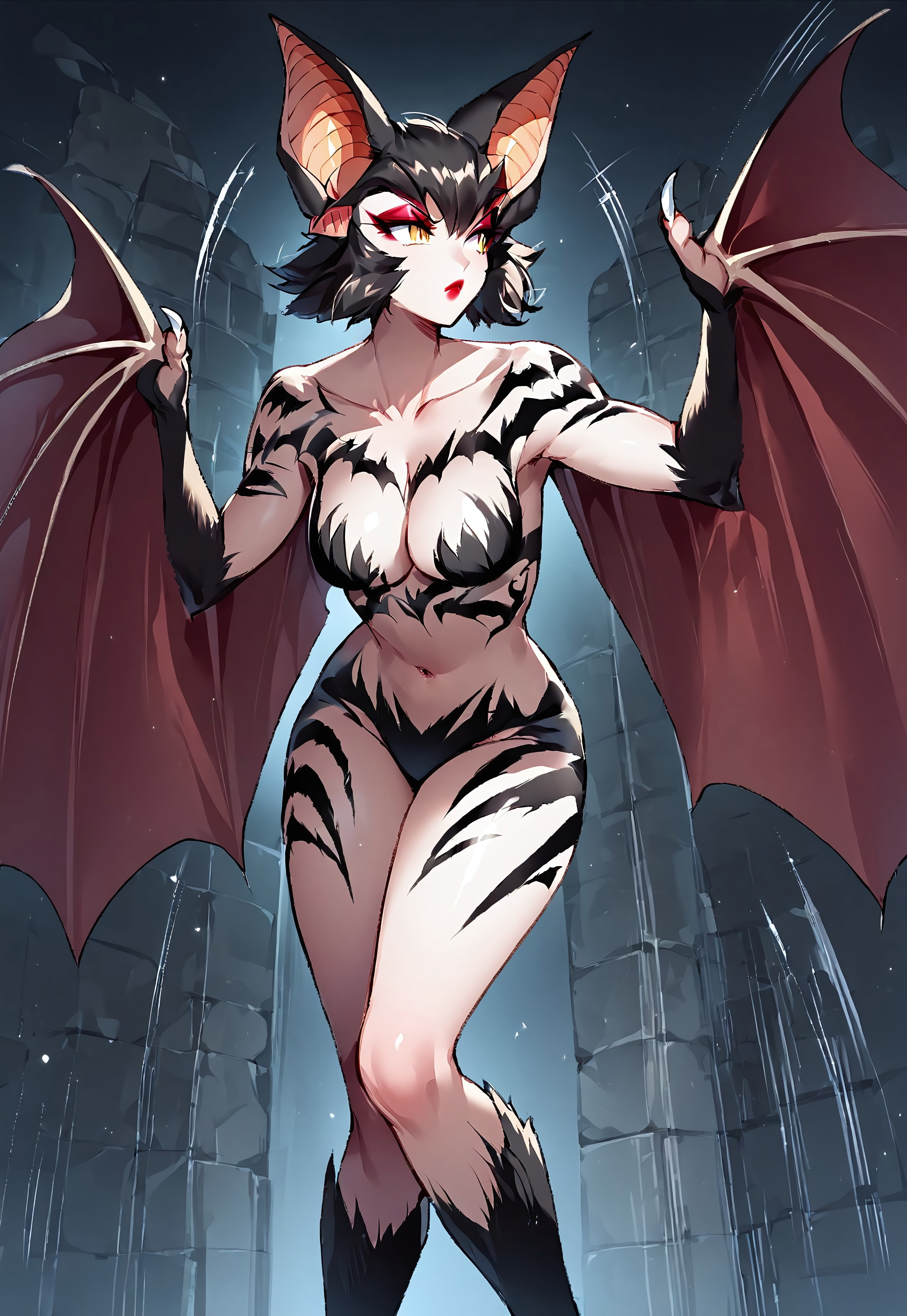 safe_pos, 1girl, Bat girl, Bat furry, Half furry, Body painting, Bodypaint, Bat ears, Black fur, Black short hair, Middle breasts, Bat wings, Winged arms, Arm wings, Yellow eyes, Red eyeshadow, Red lipstick, Claws, Nude, Sexy, NSFW, Human face, Cleavage, No bra, Slender, Vertical slit pupils, Animal hands, Navel, Collarbone, motion lines, dynamic pose, from side, leaning forward, looking to the side
