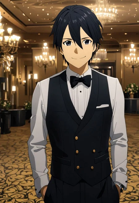 high resolution, professional photography, best quality, 1Boy, Kirigaya Kazuto, Black Hair, Black Eyes, overalldetail, ballroom, luxury hotel, tuxedo, smile, mysterious, confident, rich