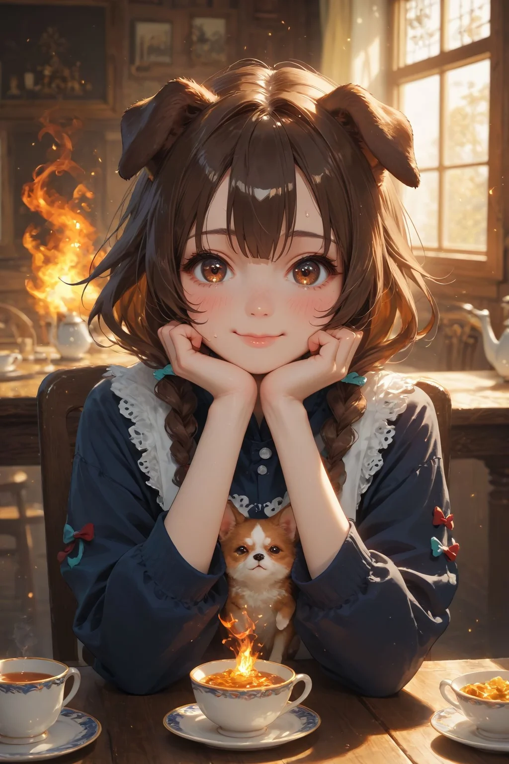 looking at viewer,detailed background,Cinematic Lighting,film grain,score_9,score_8_up,score_7_up,masterpiece,best quality,highly detailed,
<lora:(增强)sdxl_lightning_8step_lora:1>,<lora:glowneon_xl_v1:1>,glowing,<lora:Expressive_H:0.8>,Expressiveh,<lora:th3rm4lXLP:0.4>,th3rm4l,colorful,
1girl,animal ears,brown hair,smile,cup,virtual youtuber,solo,dog ears,brown eyes,fire,inugami korone,holding,bangs,sitting,long sleeves,teacup,blush,food,chair,table,sweat,indoors,closed mouth,dog girl,chibi,looking at viewer,