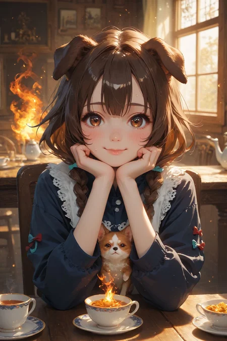 looking at viewer,detailed background,Cinematic Lighting,film grain,score_9,score_8_up,score_7_up,masterpiece,best quality,highly detailed,
<lora:(增强)sdxl_lightning_8step_lora:1>,<lora:glowneon_xl_v1:1>,glowing,<lora:Expressive_H:0.8>,Expressiveh,<lora:th3rm4lXLP:0.4>,th3rm4l,colorful,
1girl,animal ears,brown hair,smile,cup,virtual youtuber,solo,dog ears,brown eyes,fire,inugami korone,holding,bangs,sitting,long sleeves,teacup,blush,food,chair,table,sweat,indoors,closed mouth,dog girl,chibi,looking at viewer,