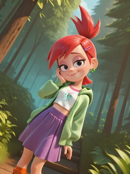 highres, hi res, best quality, masterpiece, 
1girl, (FrankieFosterSC),, red hair, smile, black eyes, hairclip, ponytail, midriff, sneakers, purple skirt, orange socks, earrings, white crop top, jewelry, green hoodie, hood, open hoodie,
light smile, dutch angle, naughty pose, looking at viewer, outdoors, forest, solo, dynamic pose, cowboy shot, head tilt, hand on own cheek, cute,
<lora:FrankieXL:0.8>,, <lora:DisneyStudios_style-12IL:1>, DisneyStudioXL,,, cartoon, cinematic,,3d,