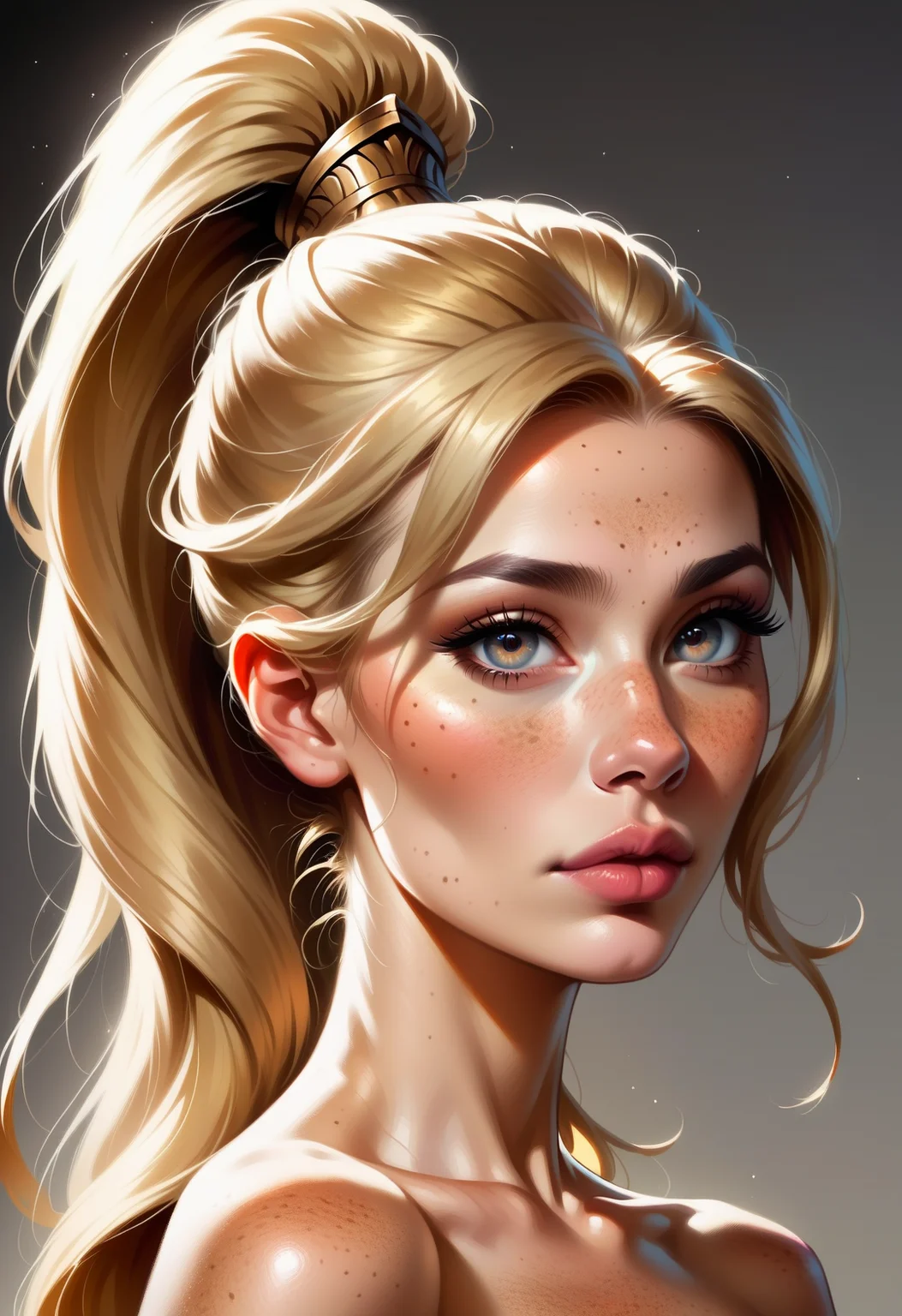 score_9, score_8_up, score_7_up, score_6_up, score_5_up, score_4_up, 1woman, realistic, freckles, long ponytail, fantasy, extremely detailed, beautiful eyes