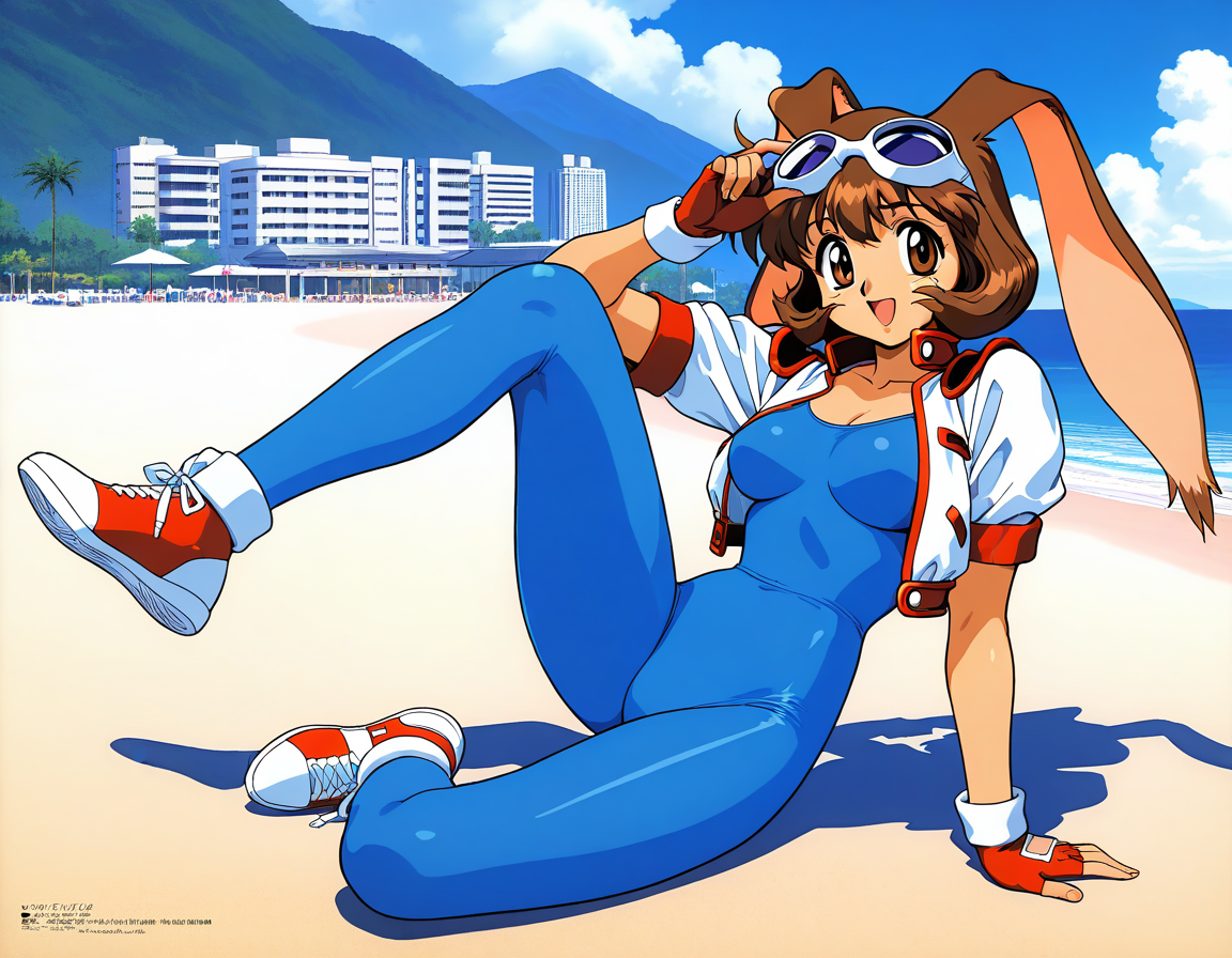 masterpiece, best quality, good quality, <lora:Makihara_Arina_IS:1>Makihara_Arina, brown hair, animal ears, goggles on head, rabbit ears, brown eyes, 1990s (style),  medium breasts,  anime style,
1girl, solo, gloves,  fingerless gloves, blue bodysuit, sneakers, cropped jacket, open mouth, smile,
 bodysuit, shoes, looking at viewer, jacket, full body, 
eyewear on head, bangs, spandex
blue sky, beach, building, clouds,