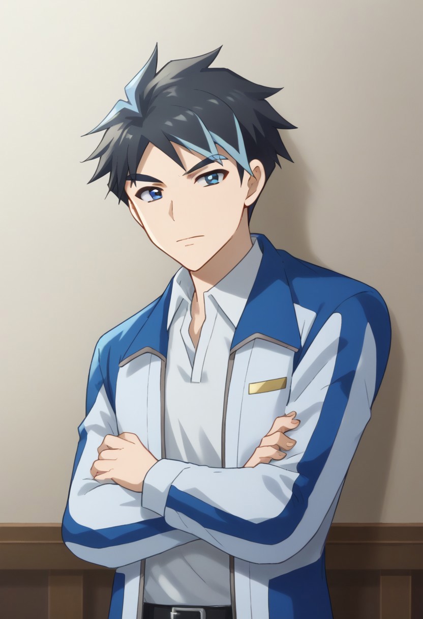 score_9, score_8_up, score_7_up, source_anime, highly detailed, 
ryuji_z, 1boy, solo, male focus, blue eyes, streaked hair, black hair, multicolored hair, blue hair, shirt, white shirt, collared shirt, blue jacket, belt, pants, crossed arms, upper body,
indoor, control center, screens,