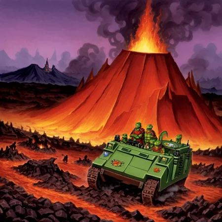 lizard people driving a green tank in a lava field, rhnoapc, military vehicle, ground vehicle, volcano, fire, magma, hot, steam, smoke, castle in background, 1980s fantasy art