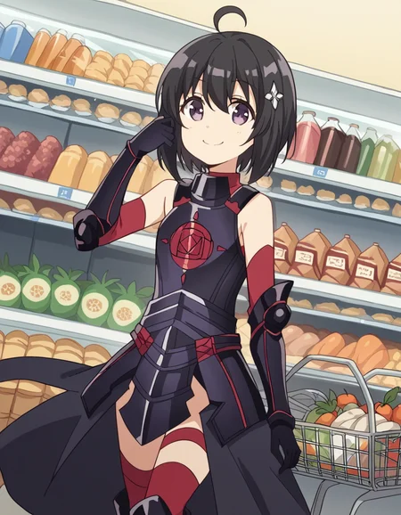 score_9, score_8_up, score_7_up, source_anime, <lora:bofuri-maple-s2-ponyxl-lora-nochekaiser:1>, maple, short hair, bangs, black hair, hair ornament, purple eyes, ahoge, bob cut,, thighhighs, gloves, bare shoulders, boots, black gloves, elbow gloves, armor, red thighhighs, black armor,, grocery store, shopping cart, picking fruits, everyday life, , smile, looking at viewer, hand on shoulder, foot crossed over, knee up, solo,, cowboy shot, dutch angle