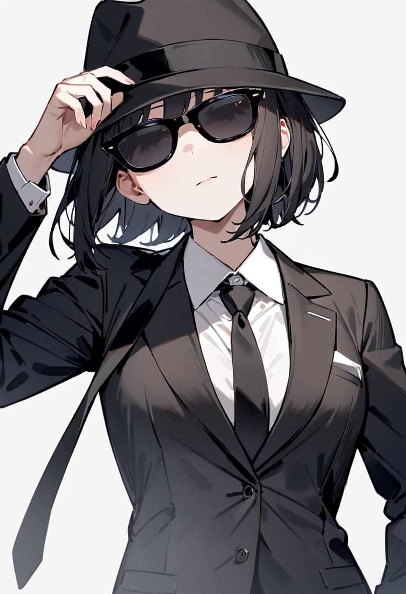 masterpiece, best quality, very aesthetic, absurdres,
1girl, solo, black hair, short hair, upper body, formal, suit, necktie, fedora, black necktie, black suit, covered eyes, 
sg_WAYFARER, sunglasses, black-framed eyewear,  black-tinted eyewear
, white background, simple background,
<lora:sunglasses_wayfarer_SDXL_V1:1>