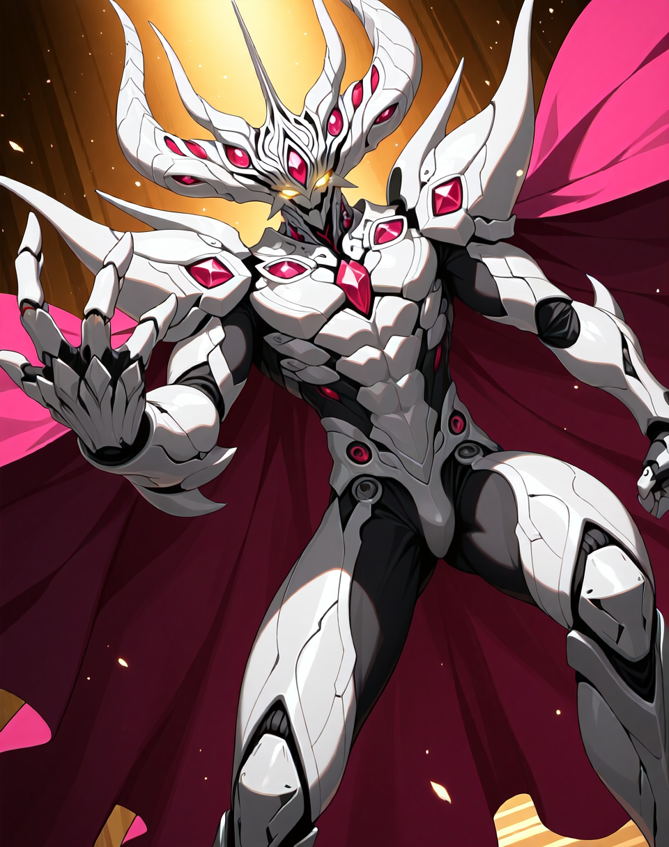 perfect depth of field shot, masterpiece, beautiful, sharp focus, crisp details, 
<lora:Zoalord_(Guyver)_(Illustrious)_(AD):1> Zoalord, Guyver, monster, 
((dynamic action, dynamic perspective, dutch angle, bent knee, cowboy shot, ):1.5), 
((red and white and yellow and pink colored body, wearing a cape, detailed face and eyes, ):1.5), glowing eyes, solo, bioboosted body, biomechanical, end boss, perfect form, perfect proportions, abs, regal and strong, imposing, presence demands respect and deference, gradient style anime coloring,   
BREAK Smooth Quality, IllusP0s, lazyhand, lazympos, lazynsfw,