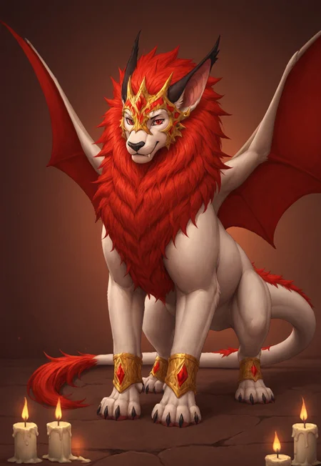 reallynxgirl_style, solo, feral, full body, rosard, furry dragon, white body, white lion head, golden mask on face, red eyes, black nose, black bridge of nose, ((bat black ears)), (((long ears))), ((red mane)), red webbed wings, long white dragon tail with red tassel, gold bracelets on paws, dark cave, candles, detailed background