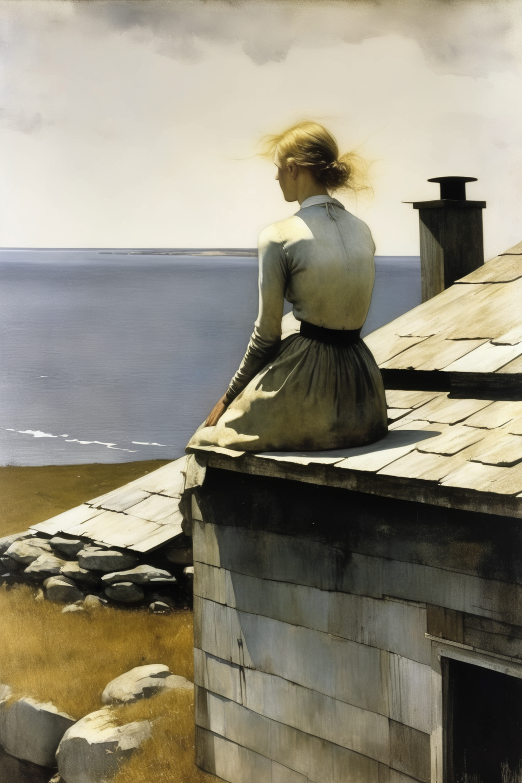 <lora:Andrew Wyeth Style:1>Andrew Wyeth Style - A woman sits on the roof of her cottage, looking out towards the cold ocean. - - hd - - style Andrew Wyeth