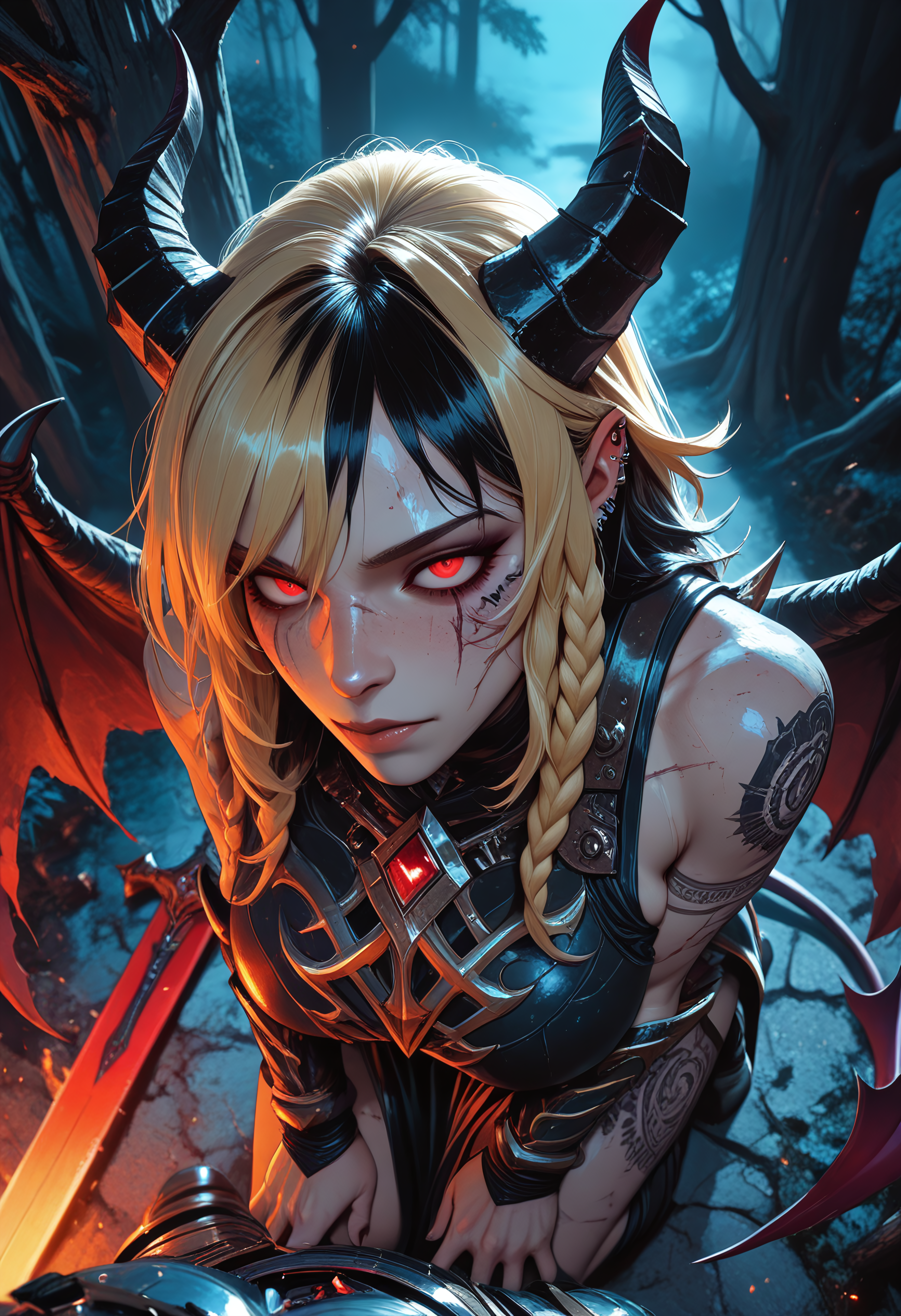 highres, very detailed, amazing quality, masterpiece,
very aesthetic,
particle effect,

1girl, Demon Queen, Warrior Queen, horns, wings, tail, long braided hair, Black hair, red eyes, perfect eyes, scars, scars on face, blonde highlights in hair, beautiful, Large breasts, perfect body, muscle tone, cross tattoo, tattoos, arm tattoo, leg tattoo, neck tattoo, piercings, armor, tabard, red and black tabard, armor plating, jewelery, enchanted armor, enchanted sword, engraved armor, greatsword, long sword, curvy, 

dark forest, foreshortening, night, at night, dark forest, dark, foggy, witchcraft symbols hanging from tree, symbols carved into trees, ritural markings, ominous, eerie,  

Kneeling on ground, submitting, submission, hands on knees, 

(From above:1.2, View from above:1.2, close up:1.2), 
