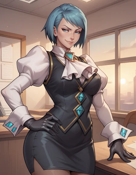 score_9, score_8_up, score_7_up,     
1girl, solo,
large breasts,
fvonkarmadg,
short hair, blue hair, blue eyes, makeup,
miniskirt, puffy sleeves, pencil skirt, gloves,ascot, black vest,
hand on own hip, 
half-closed eyes, closed mouth, smile,
indoors,  office, sunset,
 <lora:FvonKarmaDG PXL v01-000002:1>