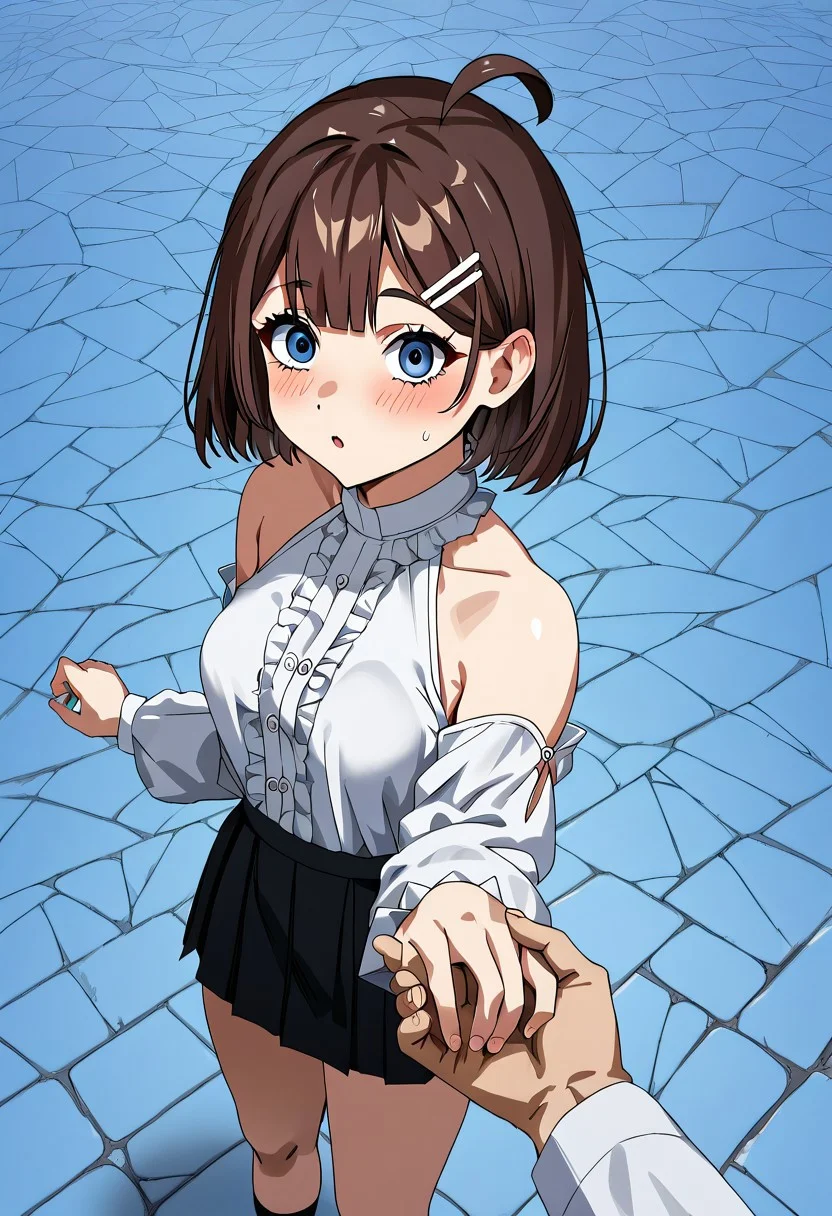 score_9,source_8, fidgeting,source_anime, Expressiveh, 1girl, 
HodLOR, short hair,on street, blue eyes, brown hair,  bangs, white hairclip, ahoge, hime cut, medium breasts, hourglass figure, short, petite, tight fitting clothes,thick thighs, tight fitting clothes, round butt, blushing,holding hands, solo focus, pov hands, out of frame,kiss, surprised, face closeup, from above, taller pov, shoulders, short skirt, high angle, downblouse