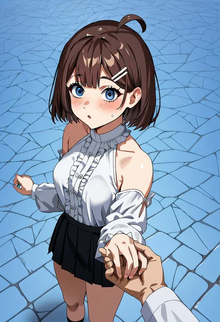 score_9,source_8, fidgeting,source_anime, Expressiveh, 1girl,
HodLOR, short hair,on street, blue eyes, brown hair, bangs, white hairclip, ahoge, hime cut, medium breasts, hourglass figure, short, petite, tight fitting clothes,thick thighs, tight fitting clothes, round butt, blushing,holding hands, solo focus, pov hands, out of frame,kiss, surprised, face closeup, from above, taller pov, shoulders, short skirt, high angle, downblouse