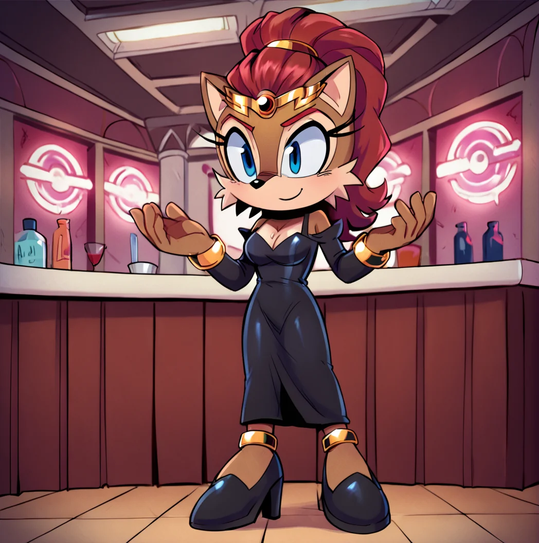 score_9, score_8_up, score_7_up, score_6_up, score_5_up, score_4_up, <lora:Alicia_Acorn_r1:0.8>, aliciaacorn, 1girl, solo tiara, ponytail, indoors, smile, body fur, brown fur, two tone fur, red hair, blue eyes, furry female, breasts, inside night club, wearing small tight black dress, high heels, neon lights, animal ears, animal nose, anthro,
<lora:TMoStH_v2-1:1> (tmosth), (flat color, black shading, sloppy coloring), hatching \(texture\)