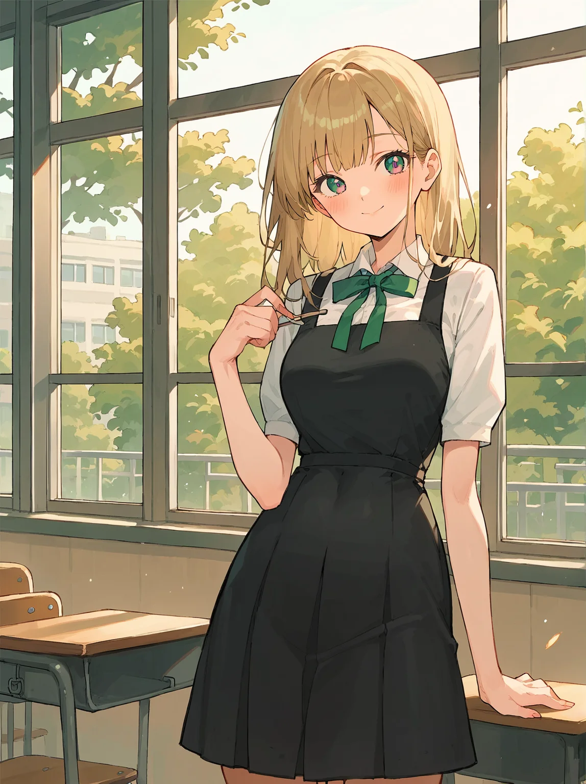 score_8_up, score_7_up, score_6_up, source_anime, 1girl, solo, classroom, window
smile,
pinafore dress, black dress, green bowtie <lora:Pinafore_Dress:1>