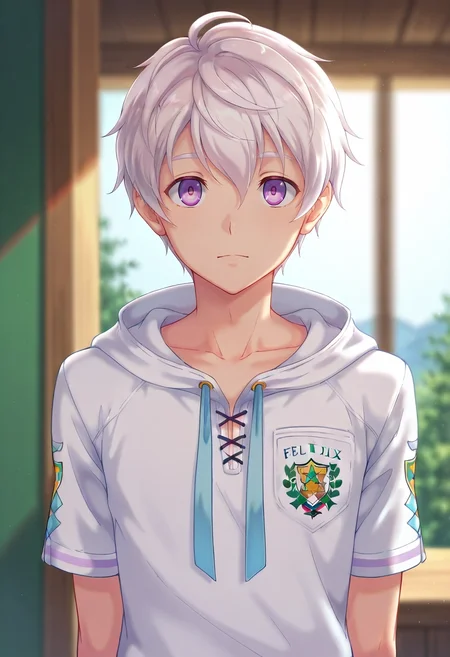 masterpiece, best quality, , , , depth of field, 1boy, solo, male focus, <lora:felix_clermont_ilxl:0.92>, felix_clermont, white hair, purple eyes, ahoge, , ,