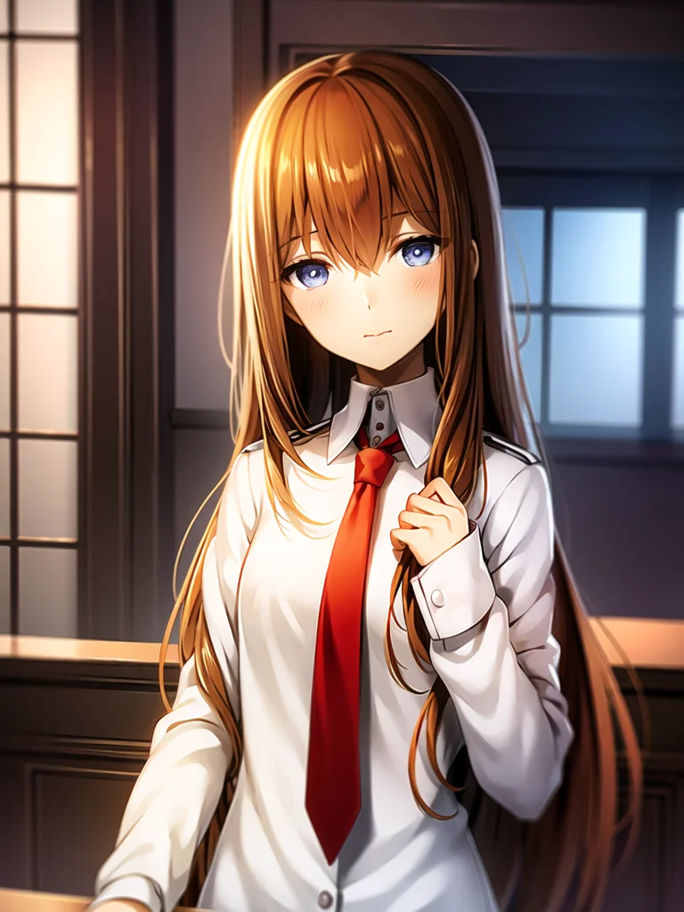 1girl, solo,(best quality),(masterpiece:1.1),(white uniform:1.4), red tie, dress, looking_at_viewer, neck_ribbon, cute, clear facial skin,