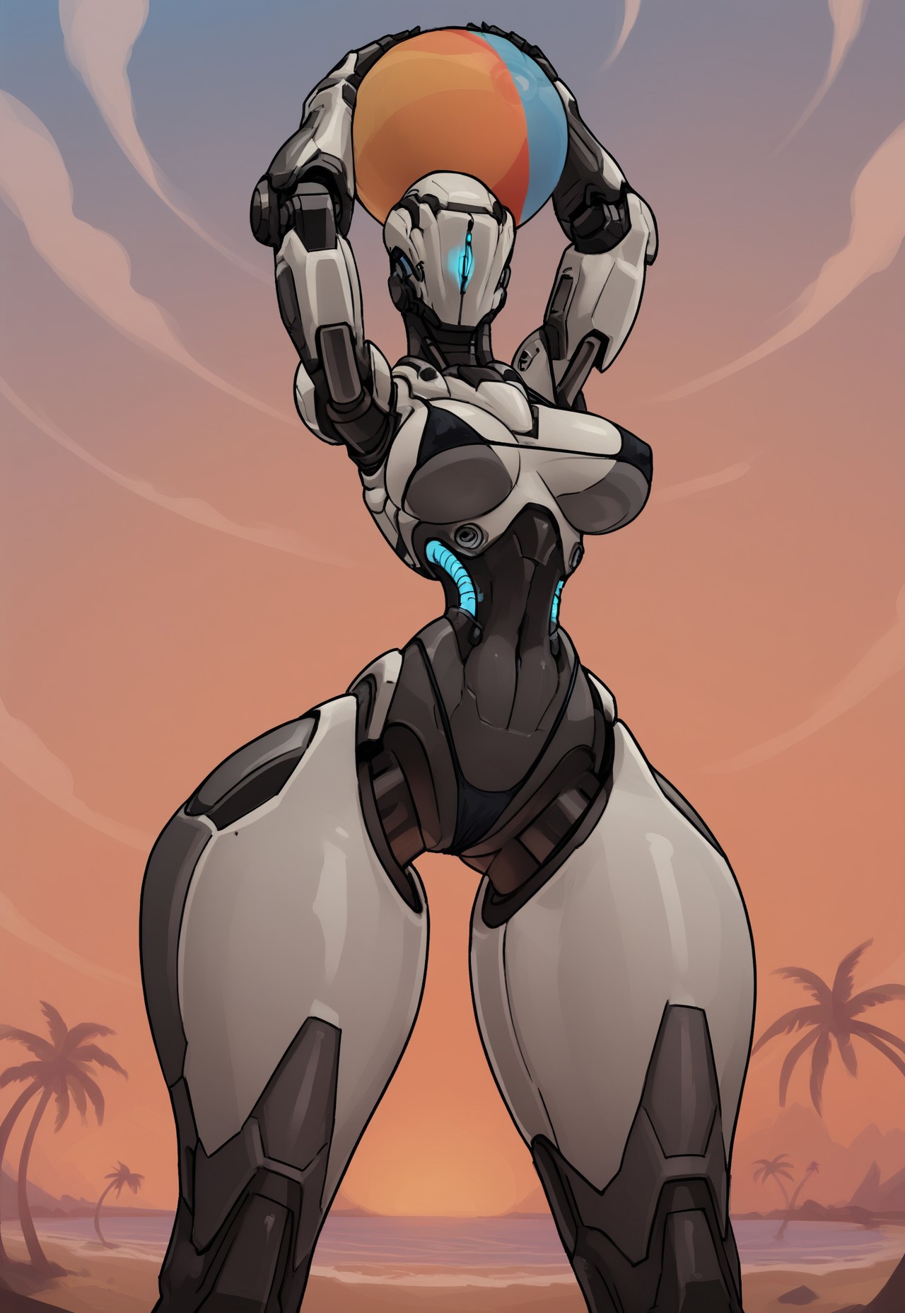 safe_pos, score_9, score_8_up, score_7_up, score_6_up, score_5_up, score_4_up, masterpiece, hd, source_anime, 1girl, solo, sam hayden, robotic female, (machine), hourglass figure, medium breasts, sagging breasts, wearing black micro-thong, micro bikini, standing, ((robotic eye)), single eye,   blue eye, (white body), black body, pochincoff, arms up, ((holding big beach ball)), ((holding object over head)), cute girl, outdoors, beach resort, futuristic, moons,  palm trees, clouds, sunset, aesthetic, nipple outline (very wide hips:1.2), slender thighs, ((narrow waist1.2)), view from below