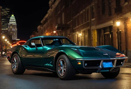 2023 corvette stingray with spiderman paints job, head lights on, city streetlamps, nighttime, Glowing moon background, deep rich, glossy colors, High Resolution HDR, 8K