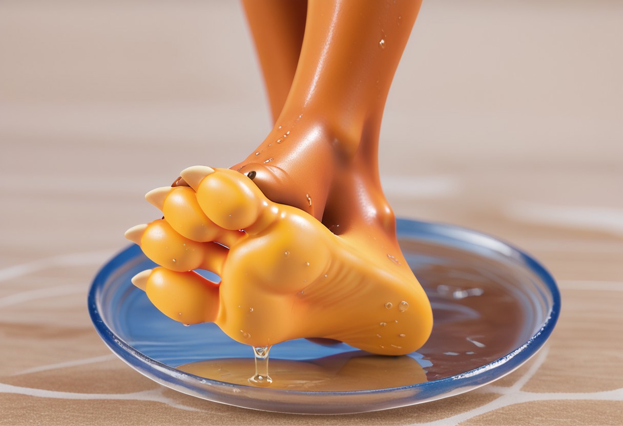 Bubsy, bob cat, barefoot, brown feet, yellow soles, foot focus, 3 toes, wet on feet, water, close up