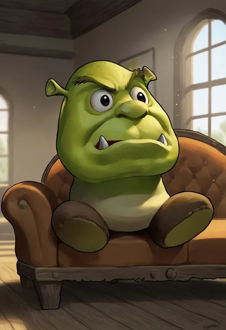 score_9, score_8_up, score_8, <lora:Request_Goomba_Super_Mario_Brothers_for_PonyXL:0.8> g00mb4, solo, black eyes, fangs, shrek, green skin, open mouth
sitting on couch, living room, window, great tits