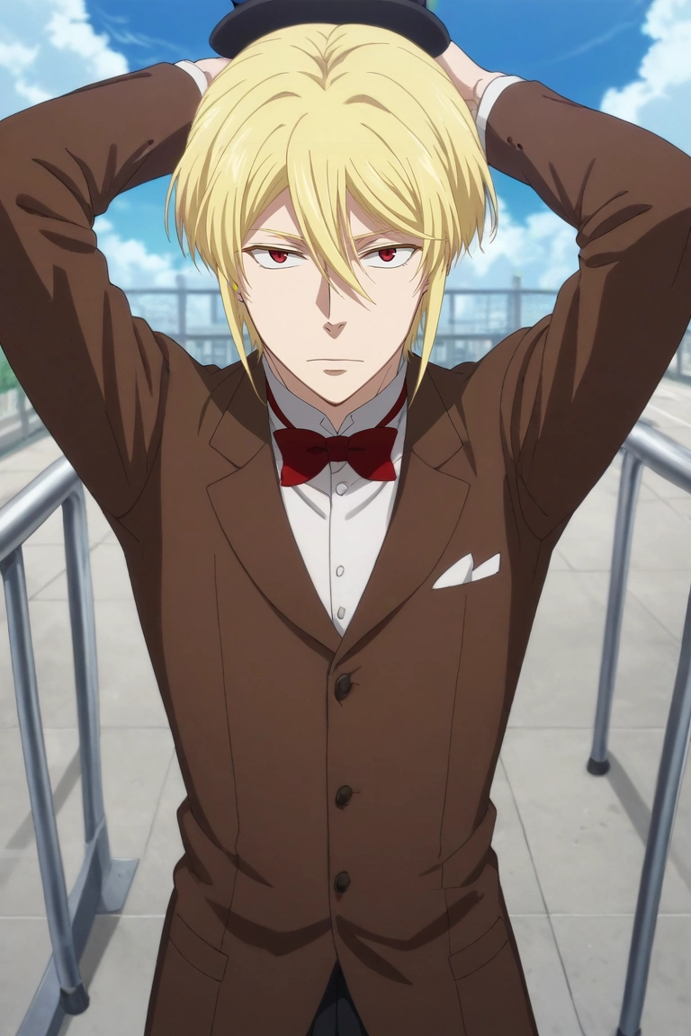 score_9, score_8_up, score_7_up, source_anime, rating_safe, intricate details, anime screencap, anime coloring, , looking at viewer, , 1boy, solo, male focus, <lora:william_james_moriarty_pony:0.76>, william_james_moriarty, blonde hair, red eyes, short hair, hair between eyes, top hat, , from above, hospital, day, clouds, arms above head, nervous, patriotic costume, <lora:sdxl_lightning_8step_lora:1>
