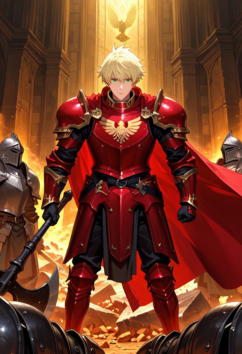hush_middy, green eyes, light blond hair, 1boy, solo focus, he is dressed in a suit of red iron platemail, Break, he is holding up a black coloured axe, white-lined in axe, Properly holding the axe, his armour bears a crest of a yellow eagle, fantasy armour, stylized silver eagle emblems and symbols on armour and sheild, Break, epic background is a a beautiful palace, a strong wind is blowing his cape, heavy plate armour, red-whited coloured armour, detailed draw, detailed eyes, high quality, best quality, high definition