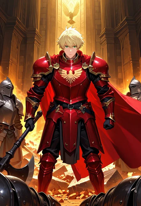 hush_middy, green eyes, light blond hair, 1boy, solo focus, he is dressed in a suit of red iron platemail, Break, he is holding up a black coloured axe, white-lined in axe, Properly holding the axe, his armour bears a crest of a yellow eagle, fantasy armour, stylized silver eagle emblems and symbols on armour and sheild, Break, epic background is a a beautiful palace, a strong wind is blowing his cape, heavy plate armour, red-whited coloured armour, detailed draw, detailed eyes, high quality, best quality, high definition