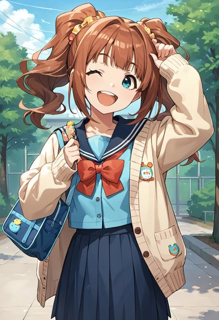 score_9, score_8_up, score_7_up, source_anime, takatsuki yayoi, reddish-brown hair, twintails, aqua eyes, 1girl, solo, one eye closed, school uniform, bag, cardigan, open mouth, smile, serafuku, ;d
