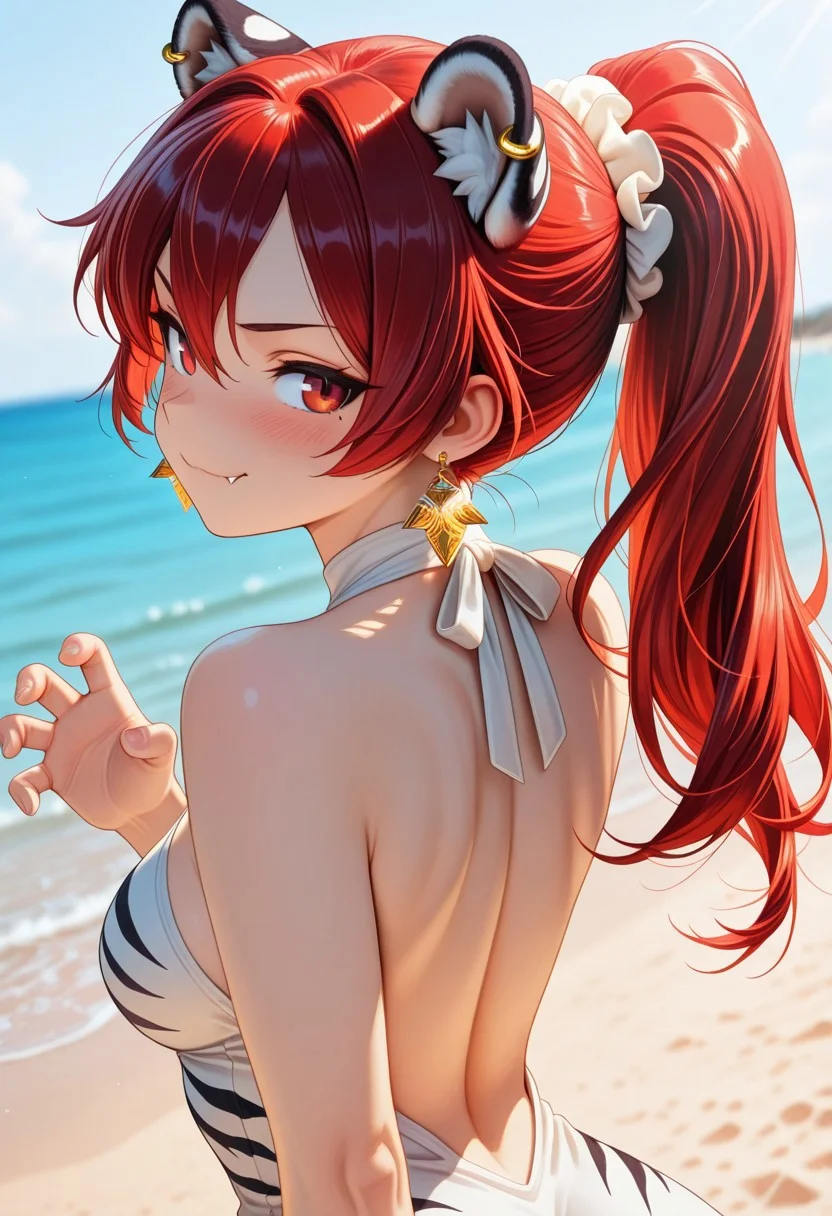 1girl, long hair, ponytail hair, deep red hair, brown eyes, make up, tall, medium breast, slim, white romper, tiger crest romper, drop earrings, golden earrings, detailed earrings, 
claw pose,  
face pretend to be a tiger, fang out,, cute, naughty, fierce, smile, blush, 
back view, looking back, upper body shot, beach side, sunshine lighting, face close-up
epic image, masterpiece, dramatic atmosphere, wallpaper, blurry background, masterpiece, best quality, amazing quality