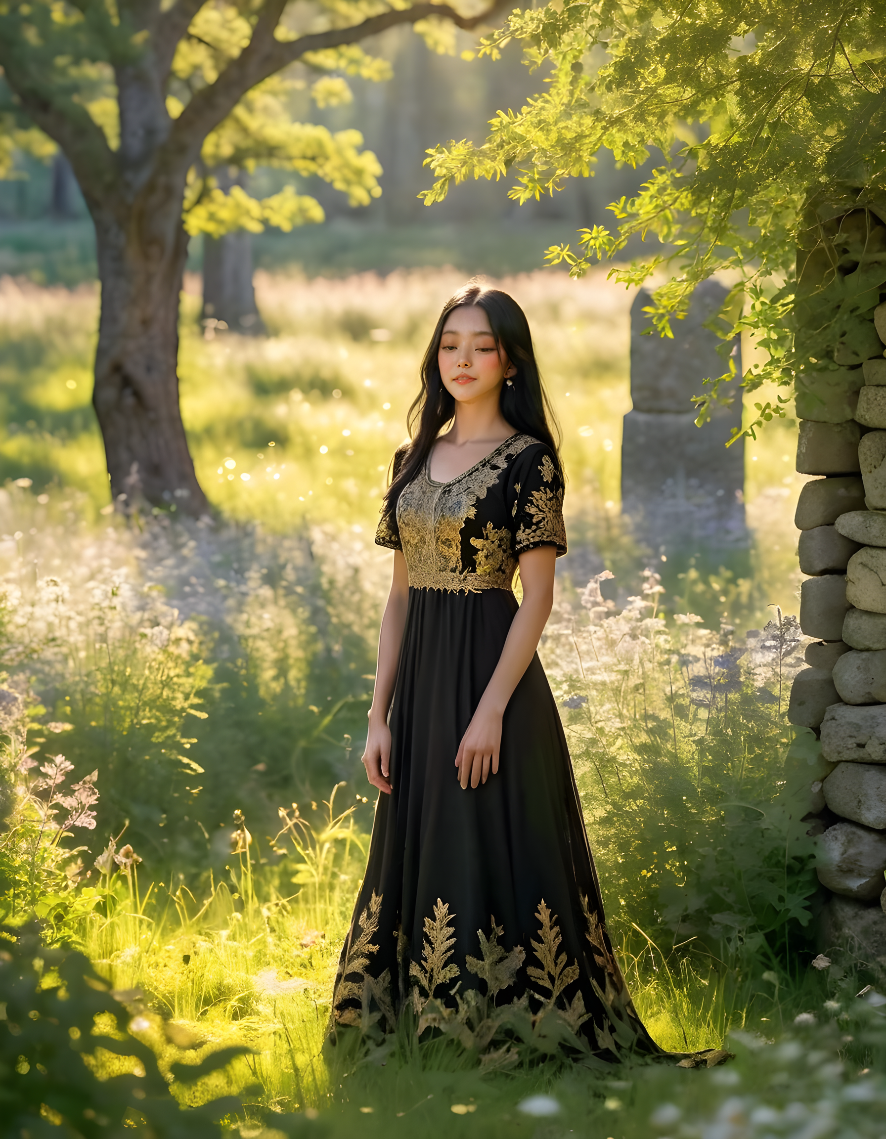 NJZH43R1N, In a vibrant, sunlit meadow surrounded by towering oak trees and wildflowers in bloom, a poised woman with long, raven-black hair and closed eyes, wears a striking, floor-length black dress adorned with intricate gold embroidery. She stands tall with her back to an ancient stone wall, one hand resting gently on its weathered surface as she gazes directly at the viewer with a quiet, contemplative expression, framed by the soft, golden light filtering through the dappled leaves above. The background fades into a distant, verdant horizon, hinting at the vastness and mystery of the world beyond.