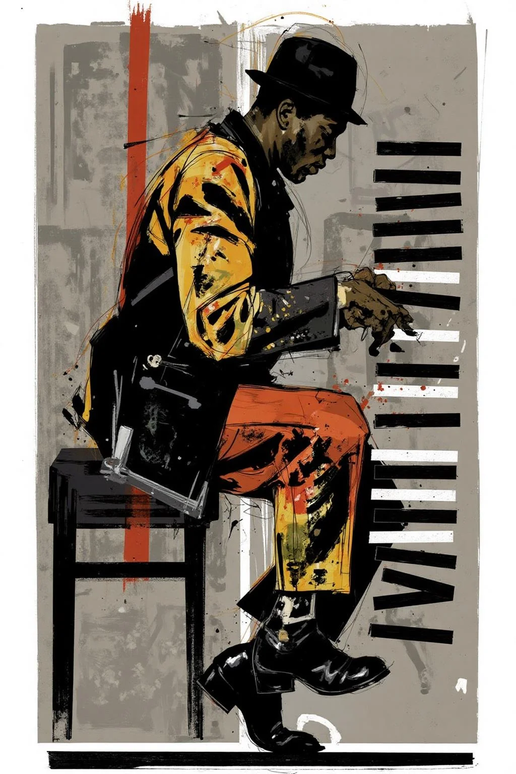 poster illustration.
An African American musician, shown in side profile, is playing a piano. He is wearing a yellow jacket, orange pants, a black hat, and boots. The musician's posture suggests deep engagement in their performance. <lora:posterillustration_cap_d8a4e11:1.0><lora:846198743318617253:0>