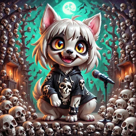 dog girl dressed in an elaborate collection of skulls covering her in a majestic way holding microphone, music studio, painting of cute skulls, pg safe