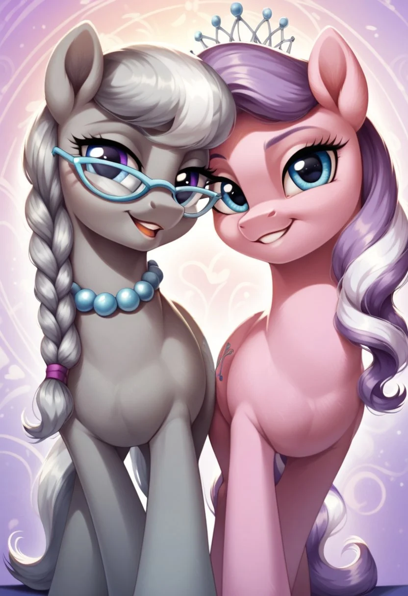 score_9, score_8_up, score_7_up, score_6_up, score_5_up, score_4_up, my little pony, ((feral pony)), Diamond Tiara, Silver Spoon, 2girls, ((duo)), (sexy), beautiful, detailed, (detailed cute pony face), detailed eyes, detailed fur, detailed hooves, beautiful, vector, flat colors, (beautiful long eyelashes), (beautiful hooves), (abstract background:1.8), (looking at you, looking at viewer:1.5), smile, happy, smug, ((close-up)), high angle