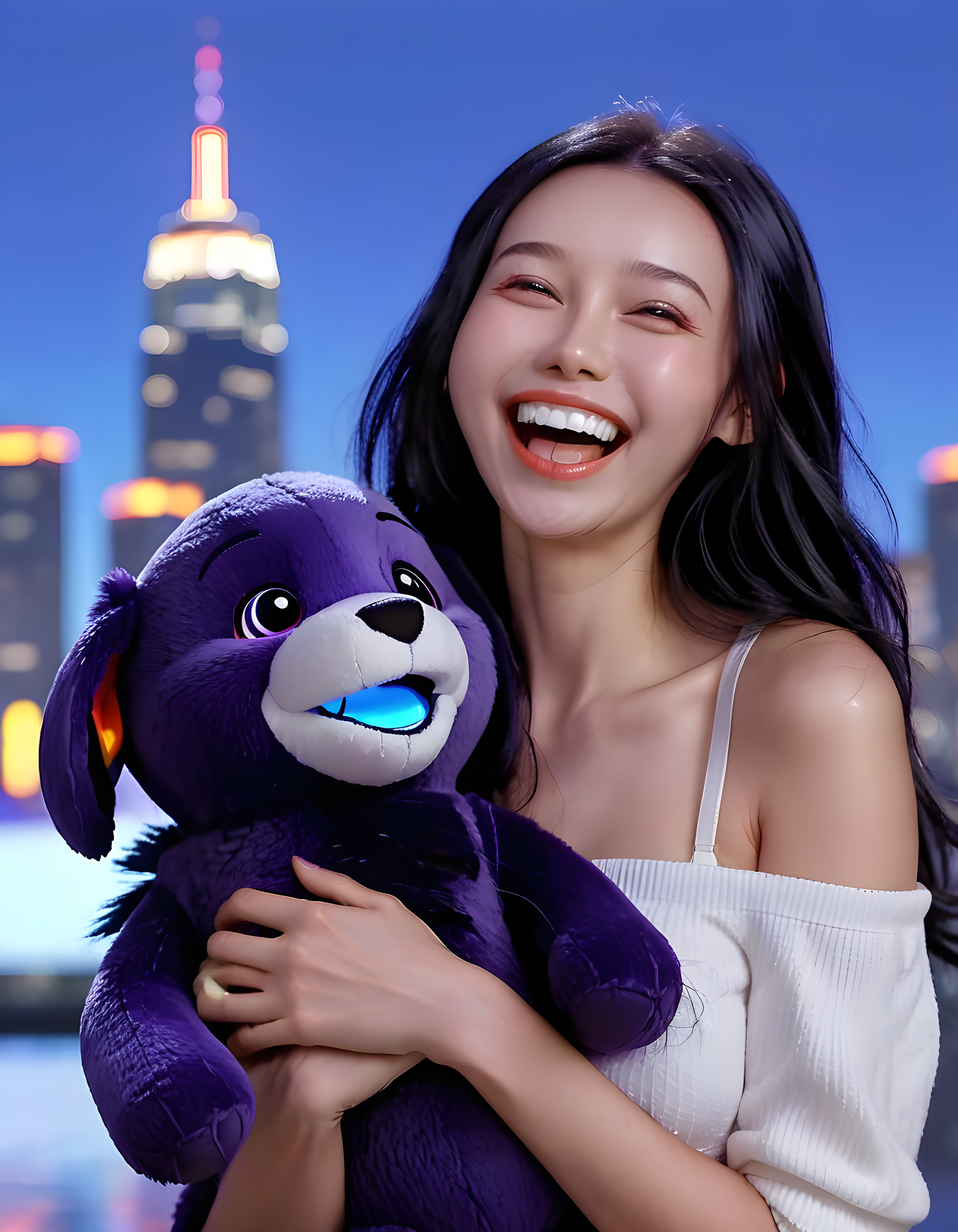 In a vibrant, digital neon-lit cityscape bathed in the soft blue hues of twilight, L334Y, a woman with raven-black hair and a radiant grin, is captured mid-laugh. Her teeth flash bright against her dark complexion as she clutches a realistic, oversized plush toy in an affectionate manner. The background reveals the city's iconic skyline, towering buildings glowing with the reflection of the digital world that envelopes them. From a slightly angled perspective, the camera focuses on her playful expression and captures her lips curling up in pure joy against the backdrop of the surreal urban landscape.
