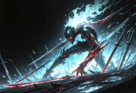 scifi, fantasy, masterpiece, best quality, volumetric lighting, dark background, mesmerizing yet terrifying embodiment of destruction, composed entirely of thousands of sharp, gleaming blades. Its form is humanoid but disturbingly fragmented, with every inch of its body made up of swords, daggers, and shards of metal that shift and rearrange with every movement. The blades glisten, catching the light in dazzling, almost hypnotic patterns, while their jagged edges promise devastation to anything—or anyone—that comes too close.
The character’s face is an unsettling mask of angular shards, with hollow, glowing eyes that radiate menace. Each step it takes produces a cacophony of metallic scraping and clinking, as though an army of swords is marching at once. Its limbs move with fluid precision, the blades adjusting seamlessly to create claws, spears, or shields depending on its intent. This being is both a weapon and a warrior, a relentless storm of cutting steel that embodies chaos and carnage, leaving nothing but destruction in its wake.