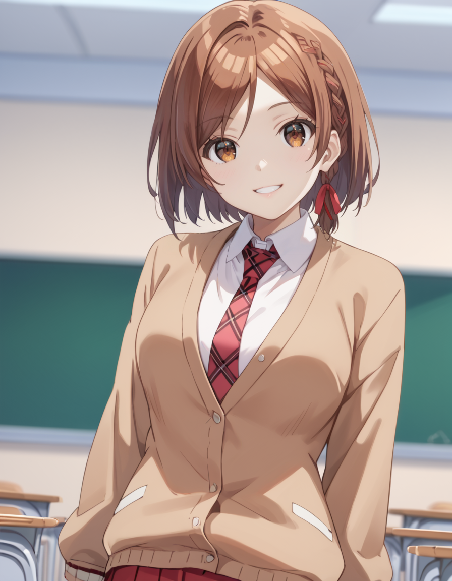 score_9, score_8_up, score_7_up, source_anime, BREAK
1girl, solo, blurry background, looking at viewer, cowboy shot, simple background, classroom, headtilt, happy,
akane sakuramori (kurakon), short hair, brown hair, side braid, hair ribbon, parted bangs, brown eyes,
school uniform, brown cardigan, white collared shirt, plaid necktie
<lora:akane_sakuramori-kurakon_s1-anime-soralz:1>