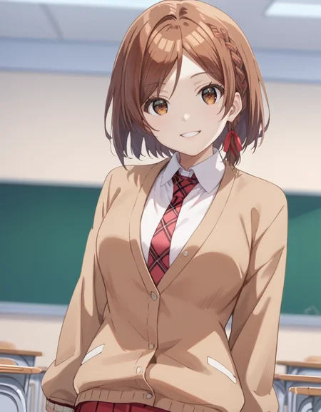 score_9, score_8_up, score_7_up, source_anime, BREAK
1girl, solo, blurry background, looking at viewer, cowboy shot, simple background, classroom, headtilt, happy,
akane sakuramori (kurakon), short hair, brown hair, side braid, hair ribbon, parted bangs, brown eyes,
school uniform, brown cardigan, white collared shirt, plaid necktie
<lora:akane_sakuramori-kurakon_s1-anime-soralz:1>