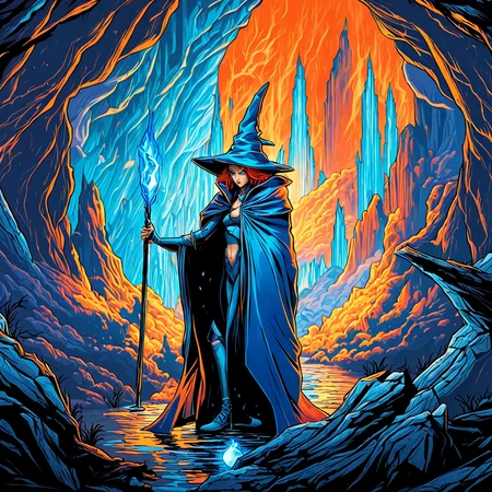 masterpiece, best quality, angry goblin witch in the forest with arms crossed wearing a blue pointy hat and orange hair and a blue cape and red cloak by dnmumfrd <lora:dan_mumford_v09:1.2>, Crystal Caverns . Majestic underground city carved from stunning natural crystal formations, translucent spires, glittering architecture, sci-fi style . futuristic, technological, alien worlds, space themes, advanced civilizations, techwear fashion . futuristic, cyberpunk, urban, tactical, sleek, dark, highly detailed, Heroic Realist sculpture . Figures with idealized musculature posing dynamically, celebrating ideals of mass utopian culture, Kinetic sculpture . Moving parts, plays of light, floating shapes, real motion that transforms itself