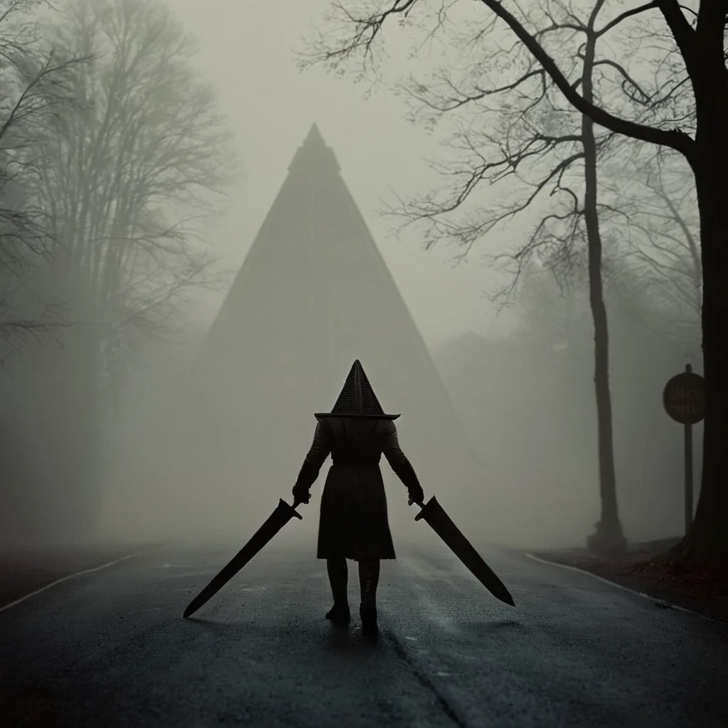 cinematic film still of <lora:perfection style:0.5> <lora:detailed:0.5> perfection detailed
<lora:Sairento Hiru style:0.9>
<lora:Pyramid Head:0.9>
In the mysterious New England town of Silent Hill Pyramid Head a person walking in the fog with a huge sword,Triangle Head,outdoors,tree,no humans,scenery,sign,road sign , cinematic, supernatural, horror style, Sairento Hiru style, shallow depth of field, vignette, highly detailed, high budget, bokeh, cinemascope, moody, epic, gorgeous, film grain, grainy