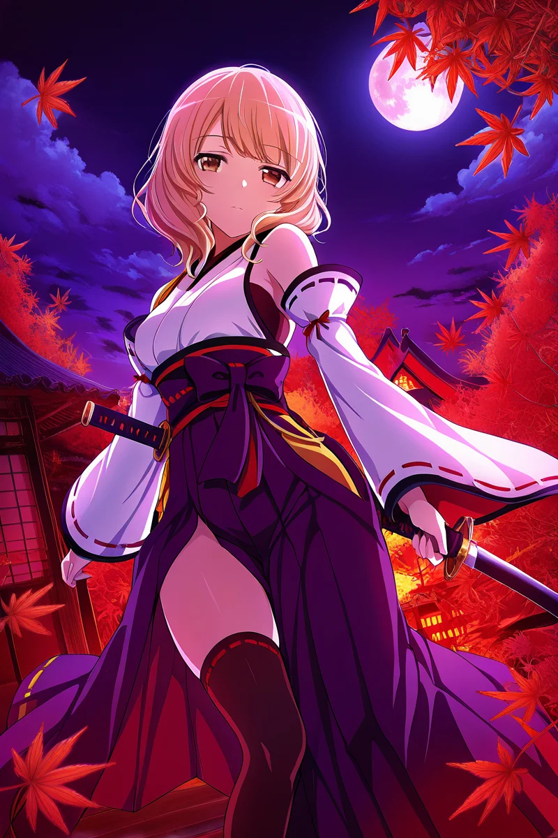 masterpiece, best quality, amazing quality,
 <lora:Yuyuko_IL:1> yuyuko, 1girl, moon, solo, detached sleeves, sword, japanese clothes, weapon, maple leaf, brown eyes, leaf, full moon, thighhighs, autumn leaves, night, sky, blonde hair, katana, east asian architecture, night sky, hakama, cloud, looking at viewer