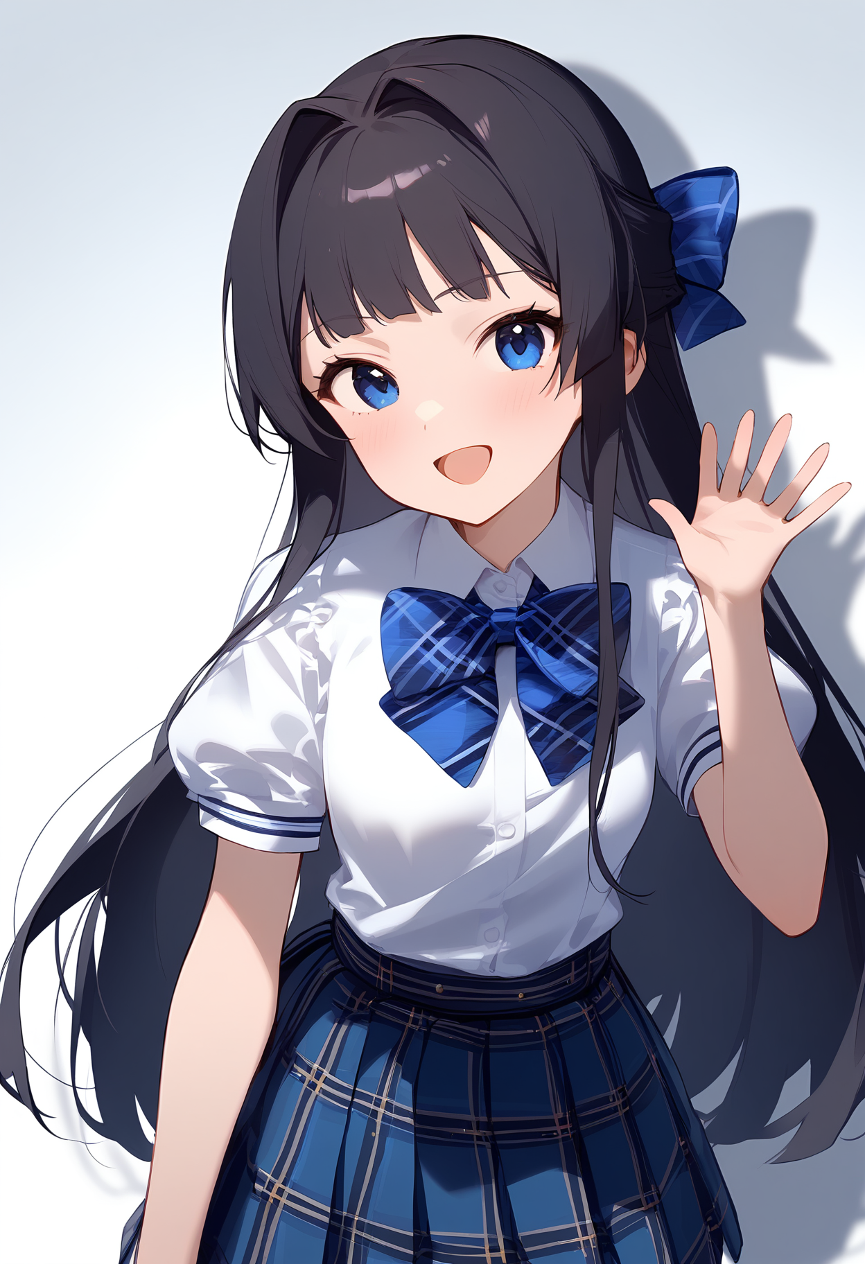 1girl,
mogami shizuka,


blue bowtie, solo, puffy sleeves, sidelocks, short sleeves, white background, white shirt, skirt, open mouth, looking at viewer, shirt, smile, black hair, plaid bow, standing, half updo, puffy short sleeves, long hair, blush, hand up, :d, plaid, very long hair, pleated skirt, blue skirt, blue bow, bow, plaid bowtie, blue eyes, hair intakes, school uniform, plaid skirt, simple background, cowboy shot, bowtie,

sfw
<lora:a31_char_new_mogami_shizuka-000022:1> <lora:a31_style_koni-000010:0.8>