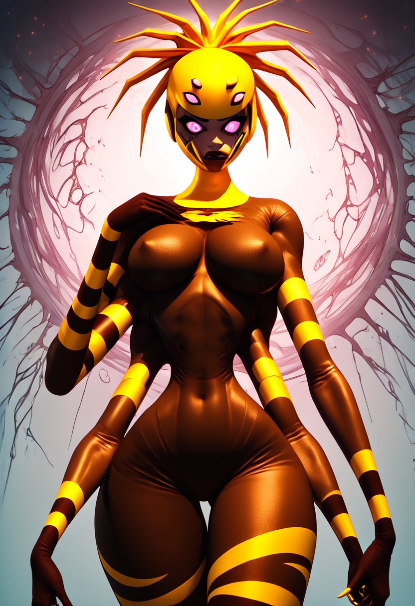 Score_9_up, score_8_up, score_9, score_8, DonMC0m1cM4g1cXL, 4k, dark lighting, perfect lighting, perfect shadows, view from front (magic, eerie, fantasy, gloomy, decay, horror, dark), solo, Anansi, dark-skinned, six arms, six eyes,  pupil-less eyes, brilliant yellow hair,  spiky ponytail, monster girl, brown jumpsuit with yellow stripes, skin tight, helmet, tall, wide hips, slip waist, large breasts
