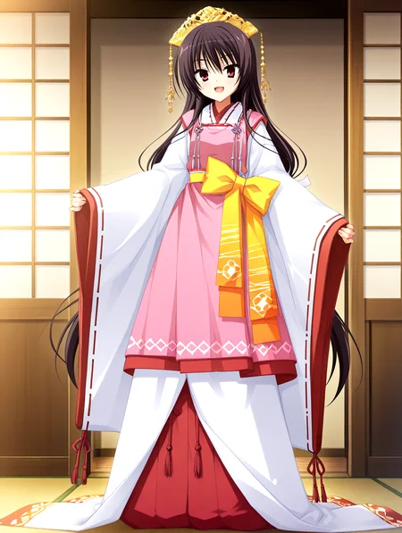 masterpiece,best quality,newest,absurdres,highres,detailed eyes,beautiful,detailed background,solo,perfect eyes,anime coloring,anime screencap,
nsfw,explicit,<lora:add-detail-xl:1>,<lora:ponyv4_noob1_2_adamW-000017:0.8>,wear clothes,
1girl,
looking at viewer,
doyagao,strong smile,open mouth,blush,
<lora:il-unohana-sakuya-KAMI>,il-unohana-sakuya,1girl,ukami outfit,solo,red eyes,very long hair,wearing a pure white furisode kimono with long flowing sleeves and a floor-length hem,layered with red and pink fabrics,a pink upper long apron integrated into the outfit,shrine maiden ceremonial outfit,golden headdress,a large decorative yellow and orange bow tied diagonally across the front waist,elegant white gown with a trailing hem,a ceremonial deep red pleated inner garment trailing beneath the outer white kimono,